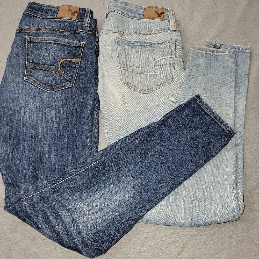 2 AE Jeans For $13.00. Blue and Light Blue Denim Jeans